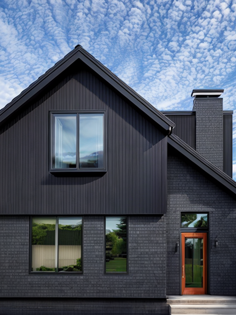 Front of modern black house with blue sky and clouds background