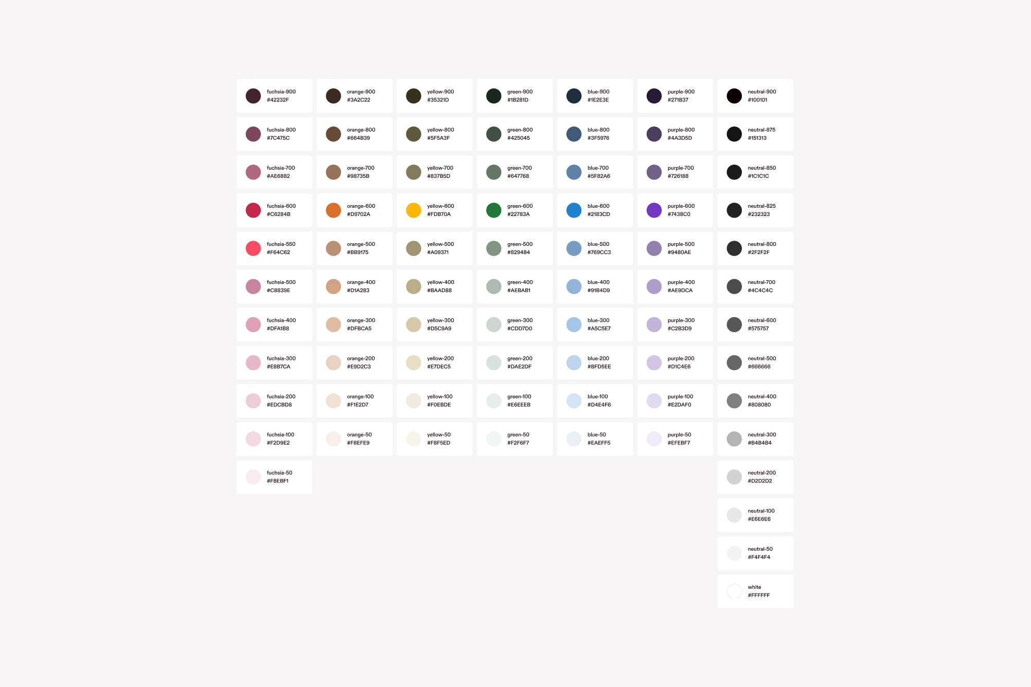 A grid of different color token circles with their name and hex code.
