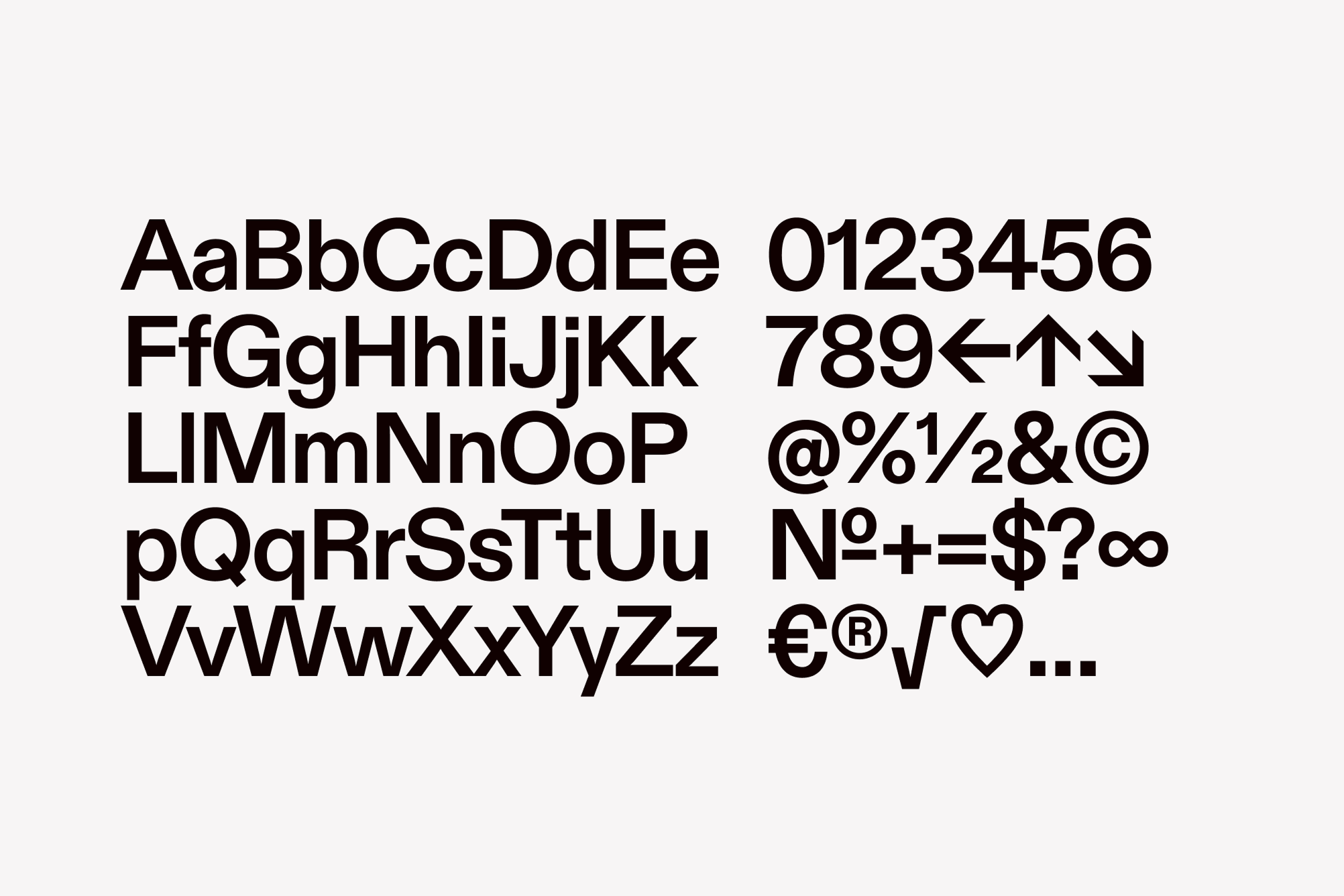 A full ABC with uppercase and lowercase letters, the numbers 0-9, and a few core icons like a dollar sign and ellipses.
