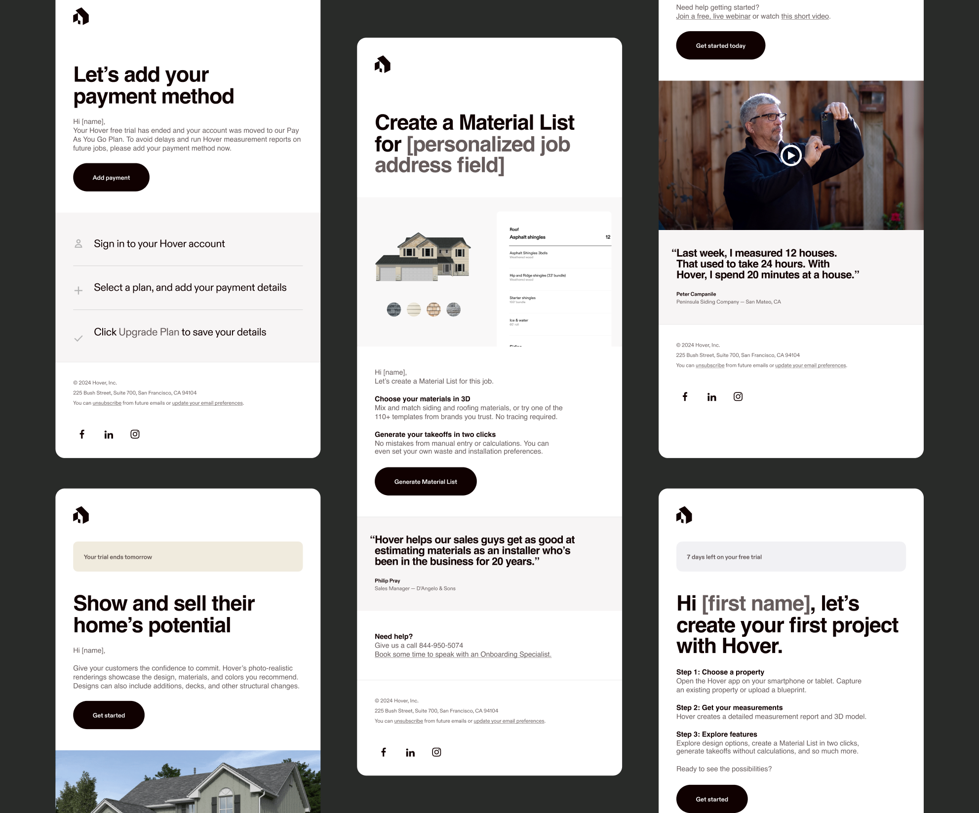 A grid of different email templates on mobile phone screens.