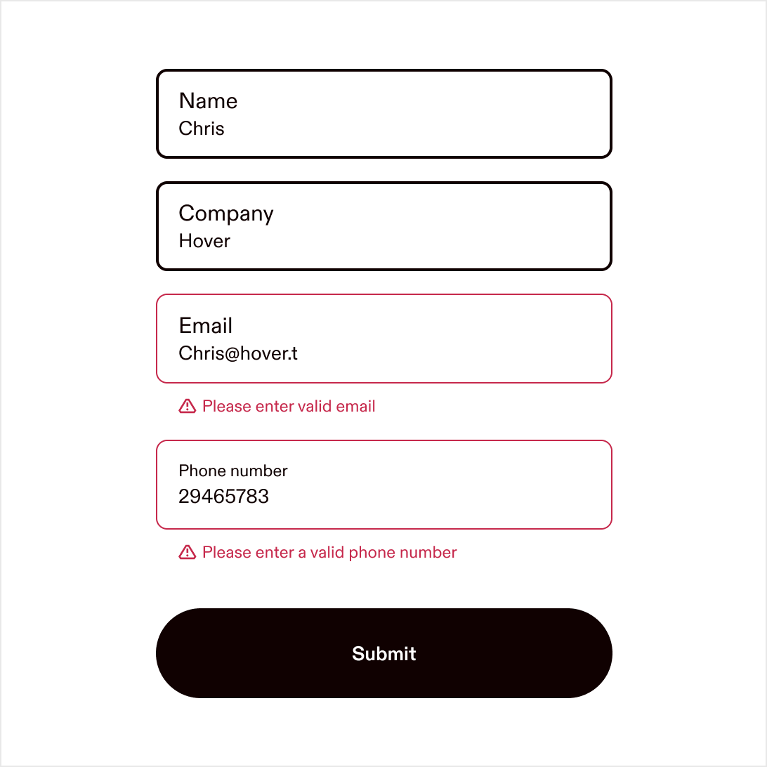 Sample form showing inline error messages