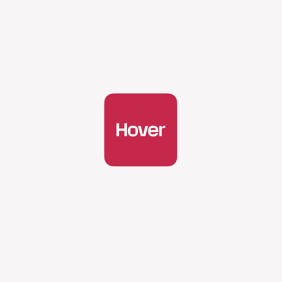 App icon Hover logo: a dark pink square with “Hover” written in white