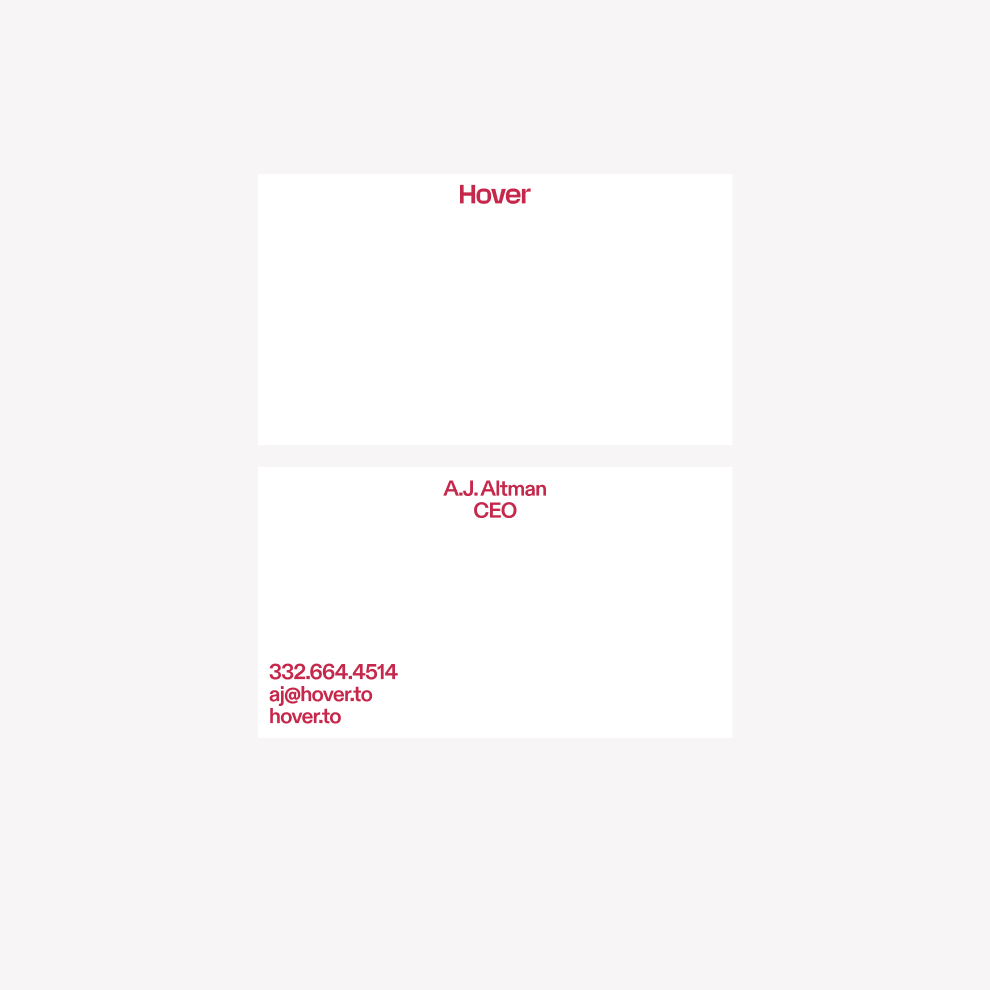 A white business card with “Hover” written in dark pink on the top of one side. The other side says the employee name and title. The bottom left shows their phone number, email address, and the hover.to URL.