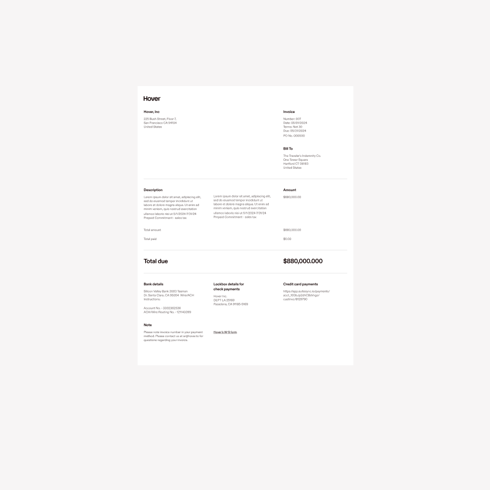 A simple white invoice document with clean black text, and a Hover logo in the top center.