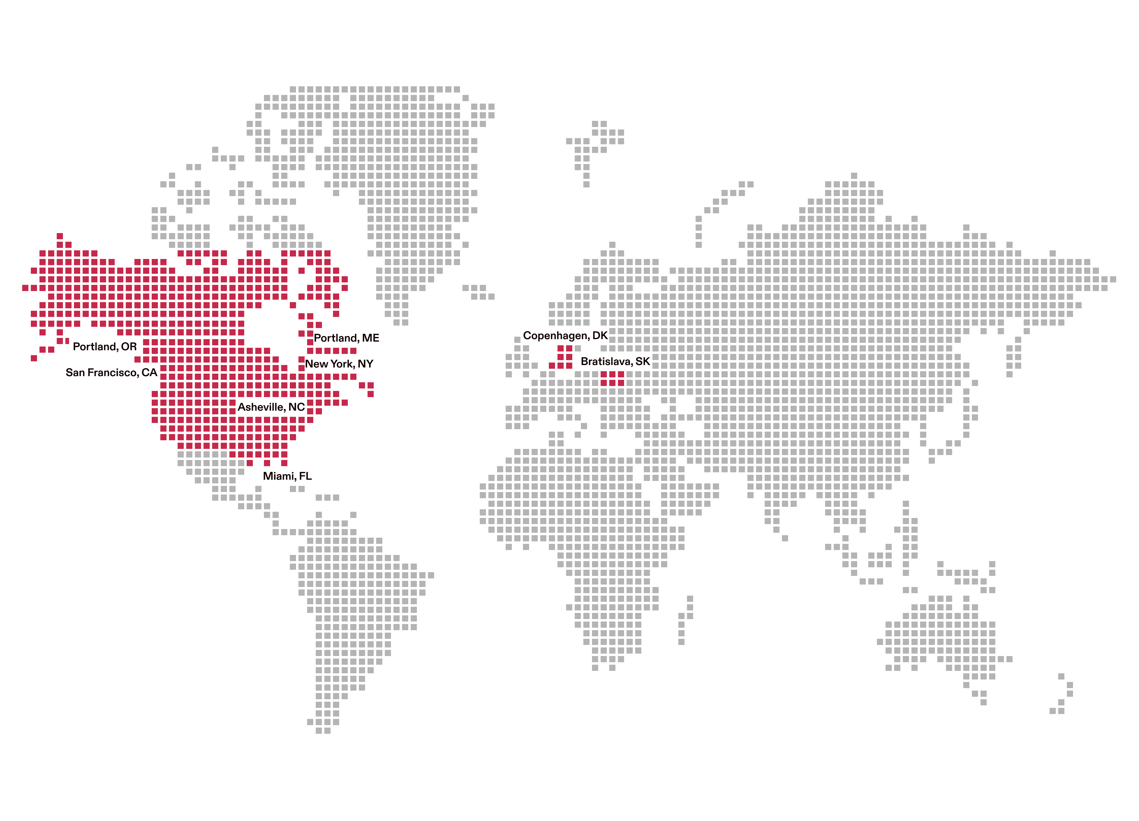 A world map that plots the location of each team member, showing how widespread our team is—located in Arizona, Denmark, Florida, Maine, New York, North Carolina, Oregon, Slovakia